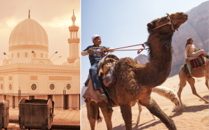 Till höger: Al-Sharif Al Hussein bin Ali Mosque. Som vanilj och maräng i skymningen. Till vänster: I öknen eller stan – kamelen bjuder alltid på skjuts. Foto: Karl-Johan Larsson.