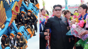 Bilder från Nordkoreas statliga nyhetsbyrå KCNA visar Kim Jong-Un i en nöjespark och framför det statliga flygbolaget. Foto: KCNA.