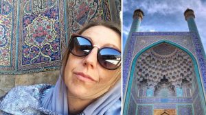 Till vänster: Karin Wallén, krönikör. Just nu: Blickar lite norrut från Iran. Georgien lockar. Till höger: Shahmoskén i Esfahan. Världsarv som anses vara en av världens vackraste moskéer. Foto: Istock.