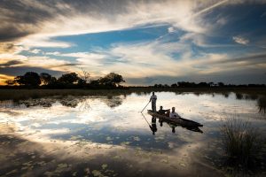Mokoro är det traditionella fortskaffningsmedlet i Okavango, och en populär turistaktivitet. Foto: Johan Marklund