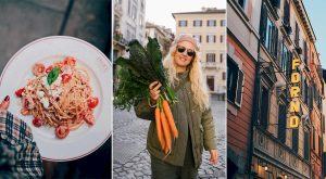 Tallrik med pasta, blond tjej med ett knippe morötter i hand och gatufasad.